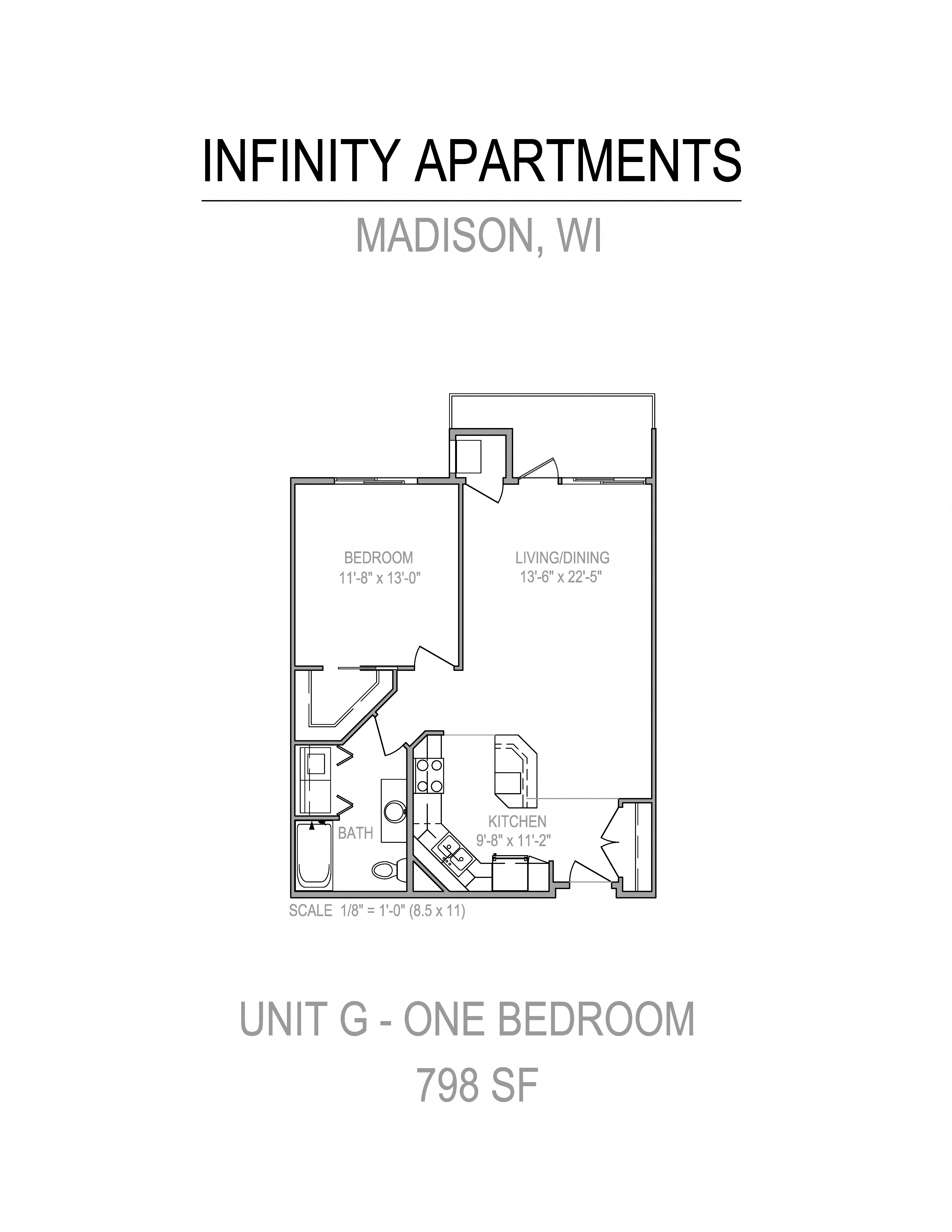 Floor plan for 1 bed, 1 bath, 798 sqft